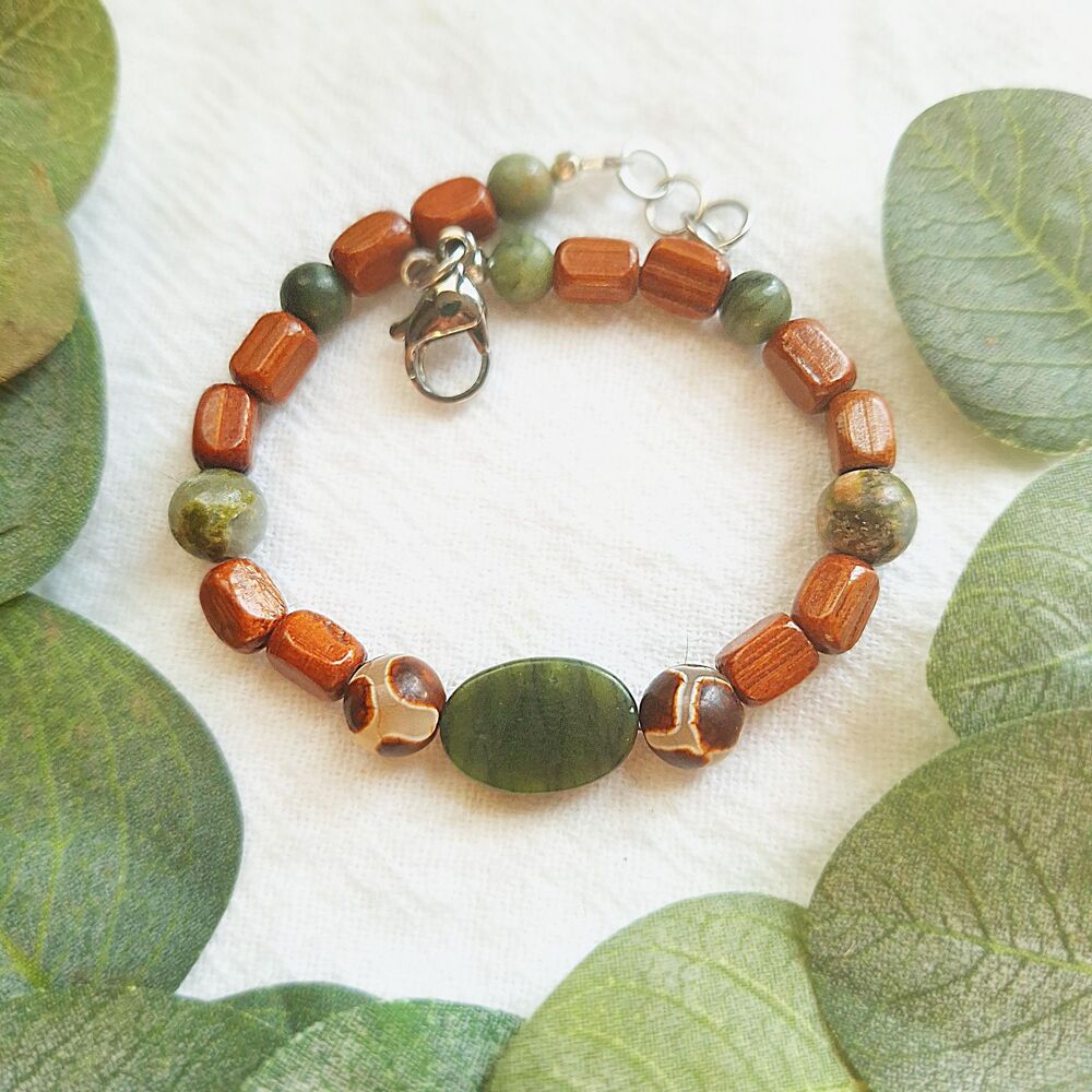 Earthy Green Serpentine Bracelet, Natural Wood Beaded Stone Bracelet, Boho